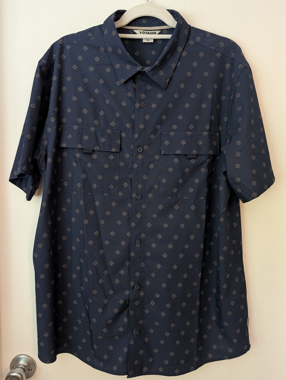 Voyager Navy Short Sleeve Button-Up Water Repellent Shirt UPF50+